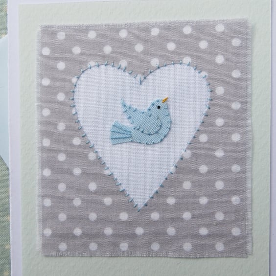 Bluebird of Happiness hand-stitched miniature textile, detailed, card to keep