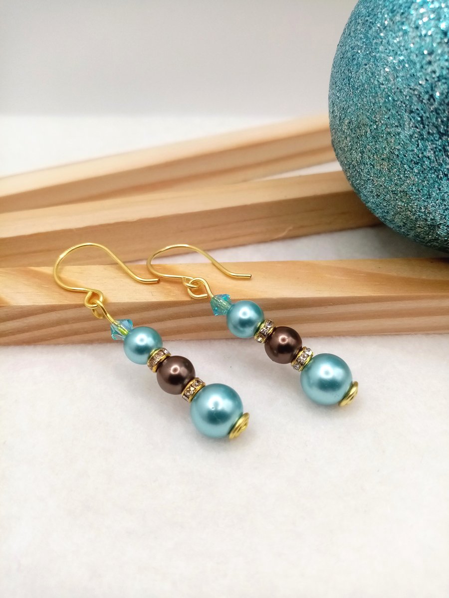 Christmas Bauble Inspired Party Earrings, Ice Blue and Nut Brown Drop Earrings 