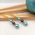 Christmas Bauble Inspired Party Earrings, Ice Blue and Nut Brown Drop Earrings 