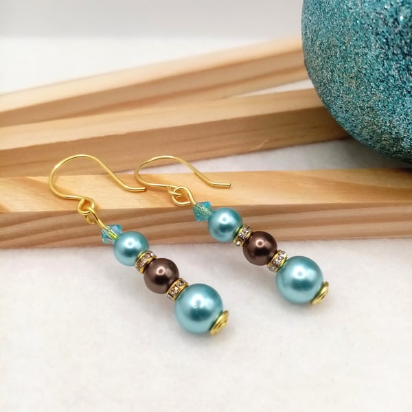 Christmas Bauble Inspired Party Earrings, Ice Blue and Nut Brown Drop Earrings 
