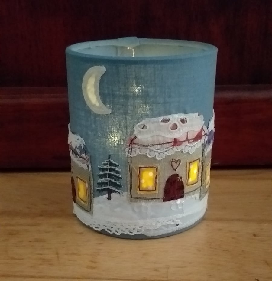 Snowy Cottages Embroidered Lantern for Battery Tealight
