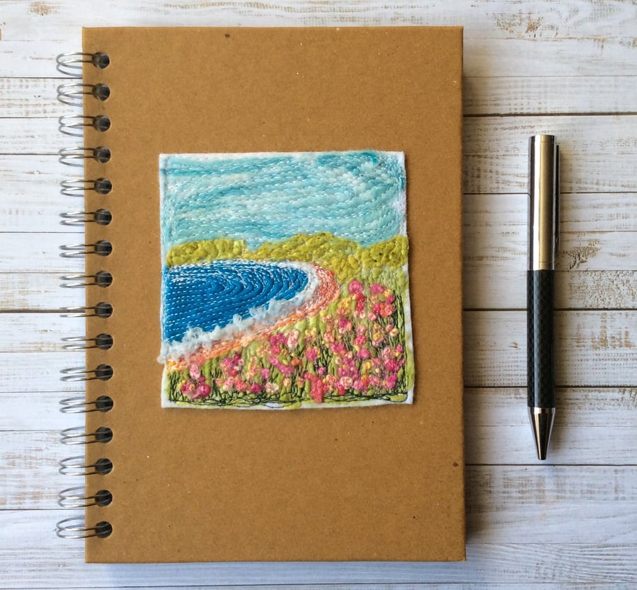 Embroidered seascape A5 lined hardback notebook or journal. 
