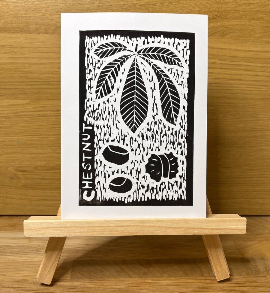 Chestnut Leaf Lino Print Greeting Card