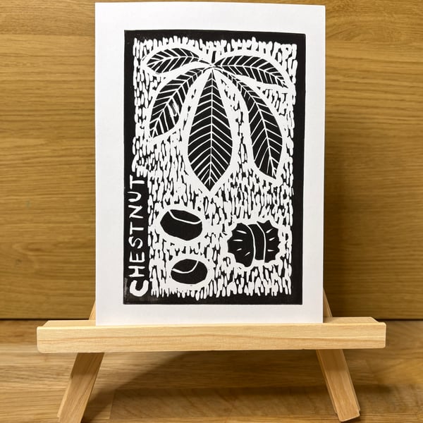 Chestnut Leaf Lino Print Greeting Card