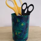 Upcycled Decoupaged Tin – Peacock Feather Storage Pot