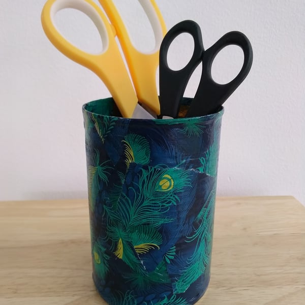 Upcycled Decoupaged Tin – Peacock Feather Storage Pot