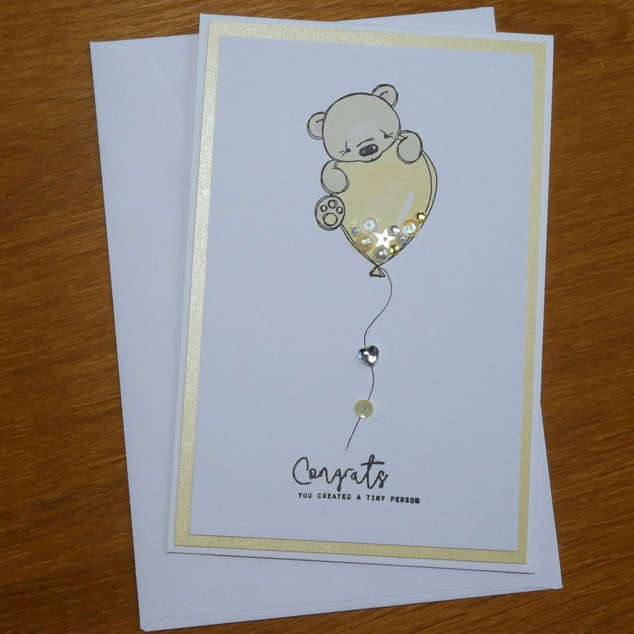 New Baby Card - Teddy With Yellow Balloon