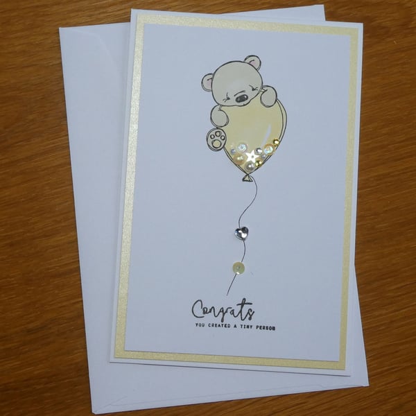 New Baby Card - Teddy With Yellow Balloon