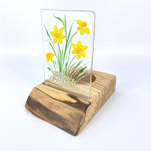 Fused Glass  Daffodils in a Handcrafted Spalted Wood Tea Light Holder