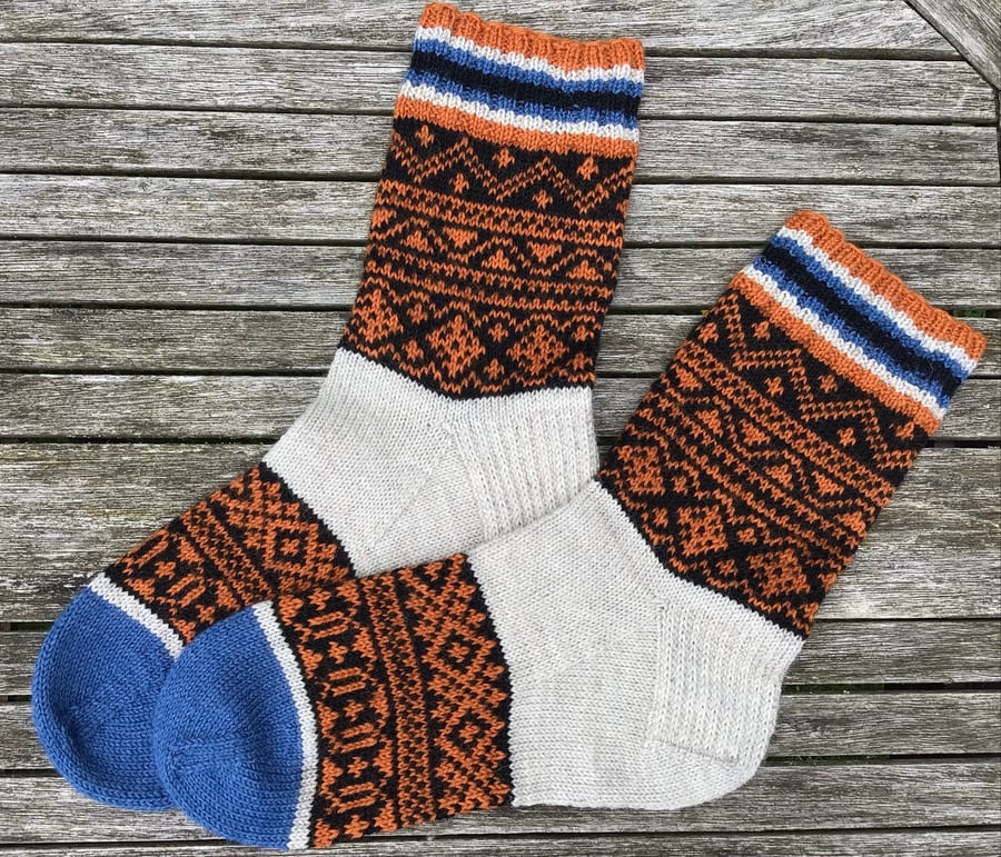 Handknitted fair isle Nordic socks, wool, UK 6-7 EU 39-41