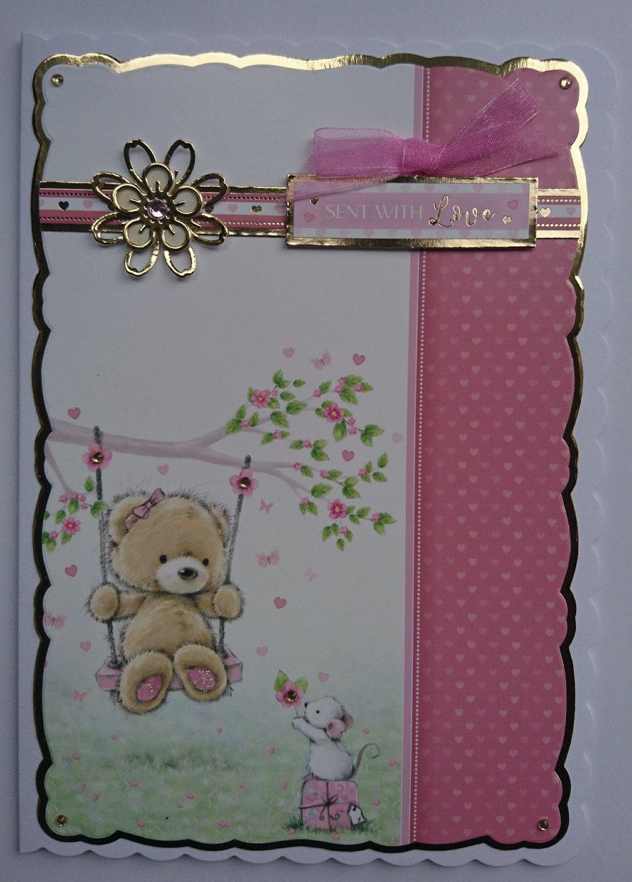 Girl Teddy Bear Card Tree Swing Mouse Gift and Flowers 3D Luxury Handmade 