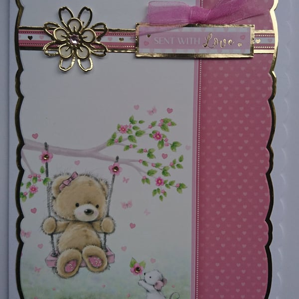 Girl Teddy Bear Card Tree Swing Mouse Gift and Flowers 3D Luxury Handmade 