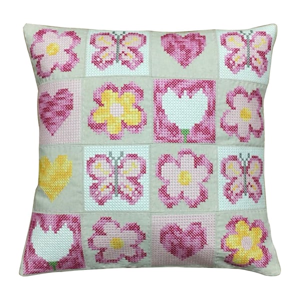 Giant Cross Stitch Pink Butterfly  Cushion , 40cm Linen Cushion, 6ct Embroidered