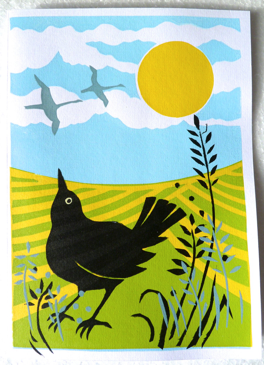 A delightful screen printed card of a blackbird and swans