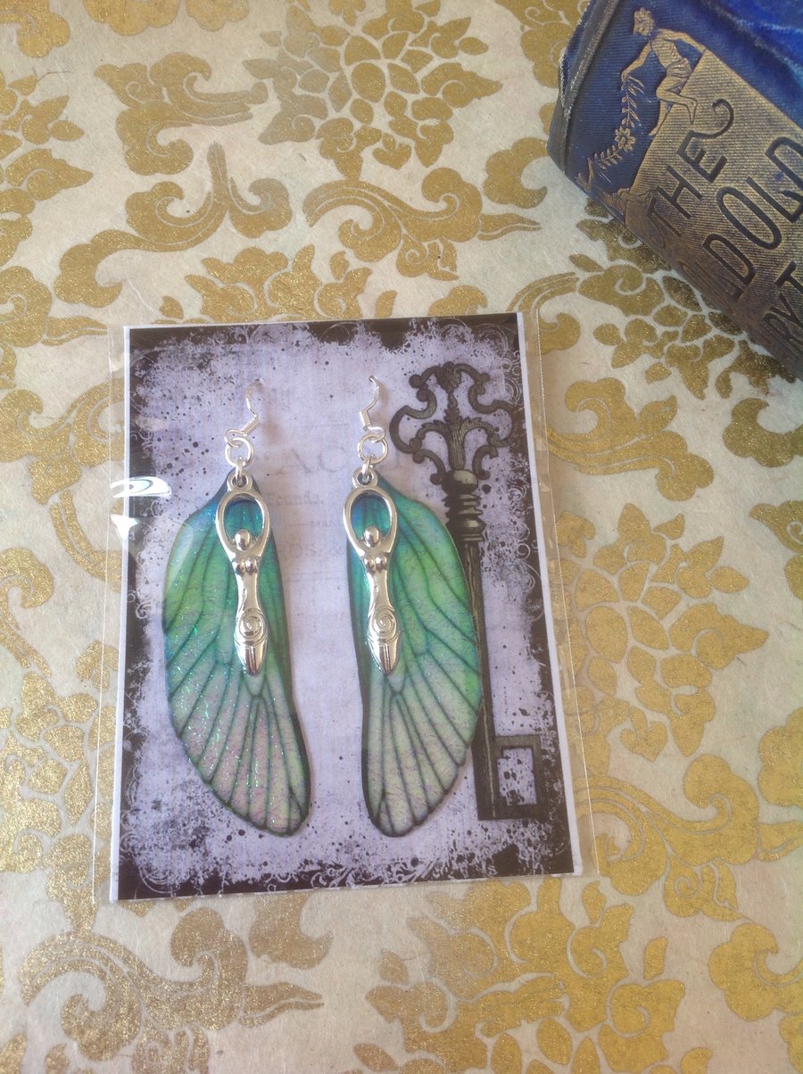 Large Blue and Green Fairy Wing Goddess Sterling Silver Earrings