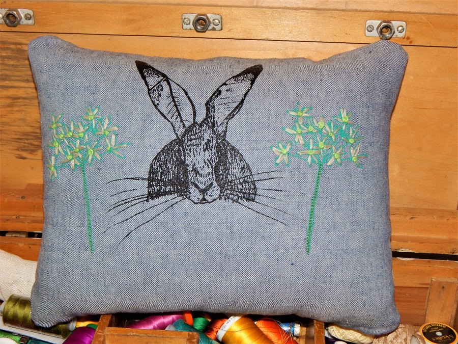 Hare and wild garlic- Screen printed cushion. 33cm x 26cm