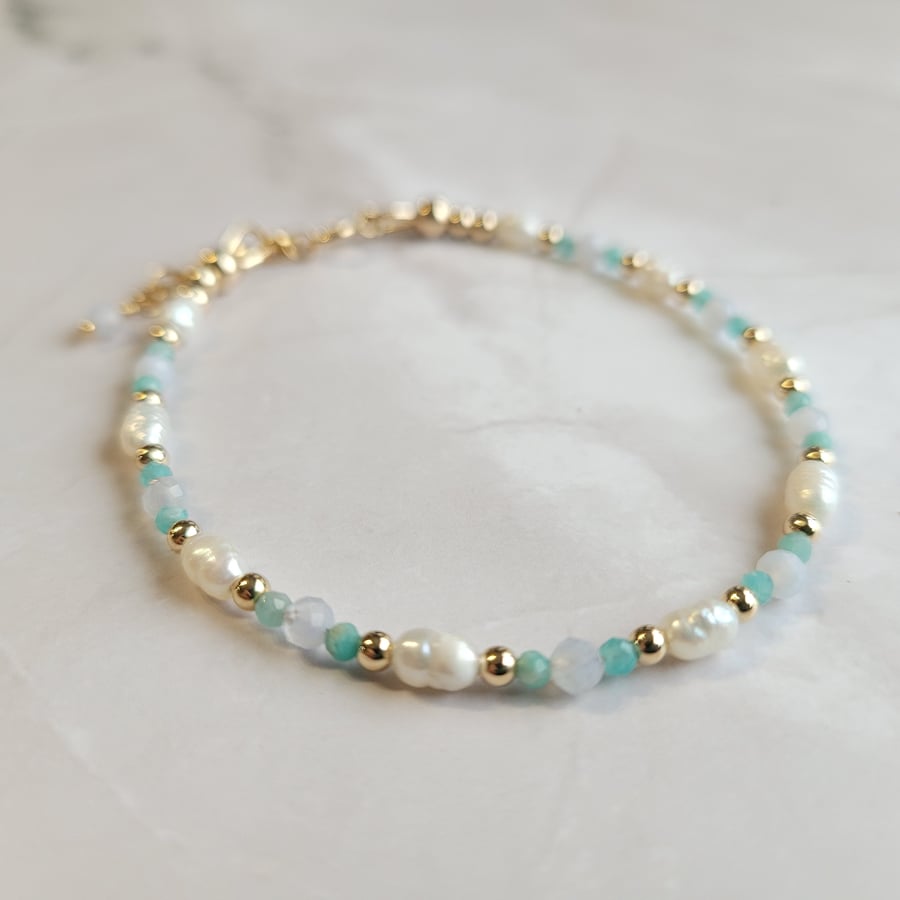 Handmade Gemstone Bracelet with Pearl, Chalcedony & Amazonite 14kt Gold Filled