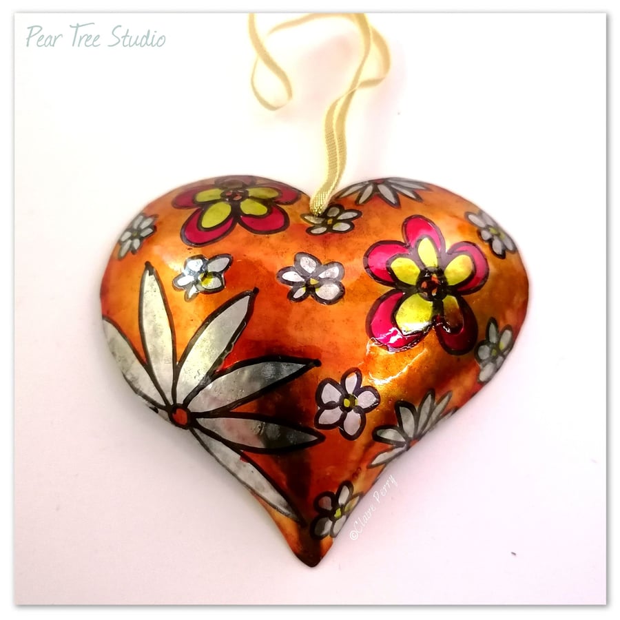 Small Orange Metal Heart Hanging Decoration. Made from a coffee tin.
