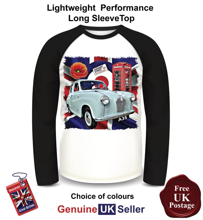 Austin A35 T Shirt, Long Sleeve Men's Top, Austin A35 Baseball Top,