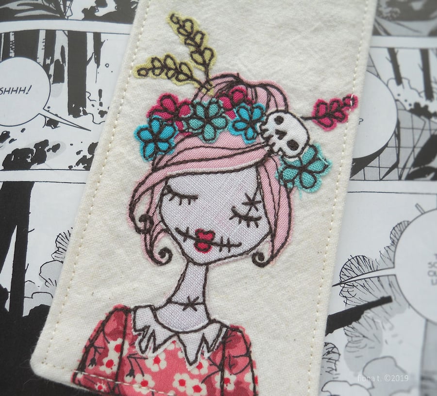 freehand embroidered zombie fabric bookmark - pink floral