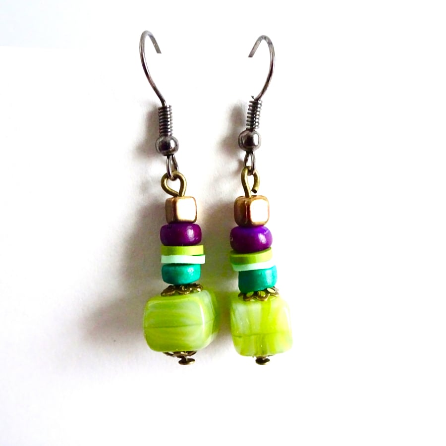 Up-cycled Light green, purple, green, gold style bead boho drop dangle earrings 