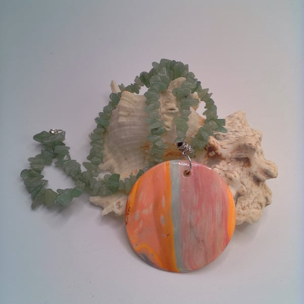 Pink  Brown Green & Yellow Shell Pendant on a Green Jade Chip Necklace
