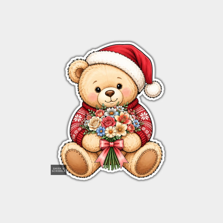 Funny Christmas Sticker Vinyl Xmas Decal For Adults - Teddy Bear Holding Flowers