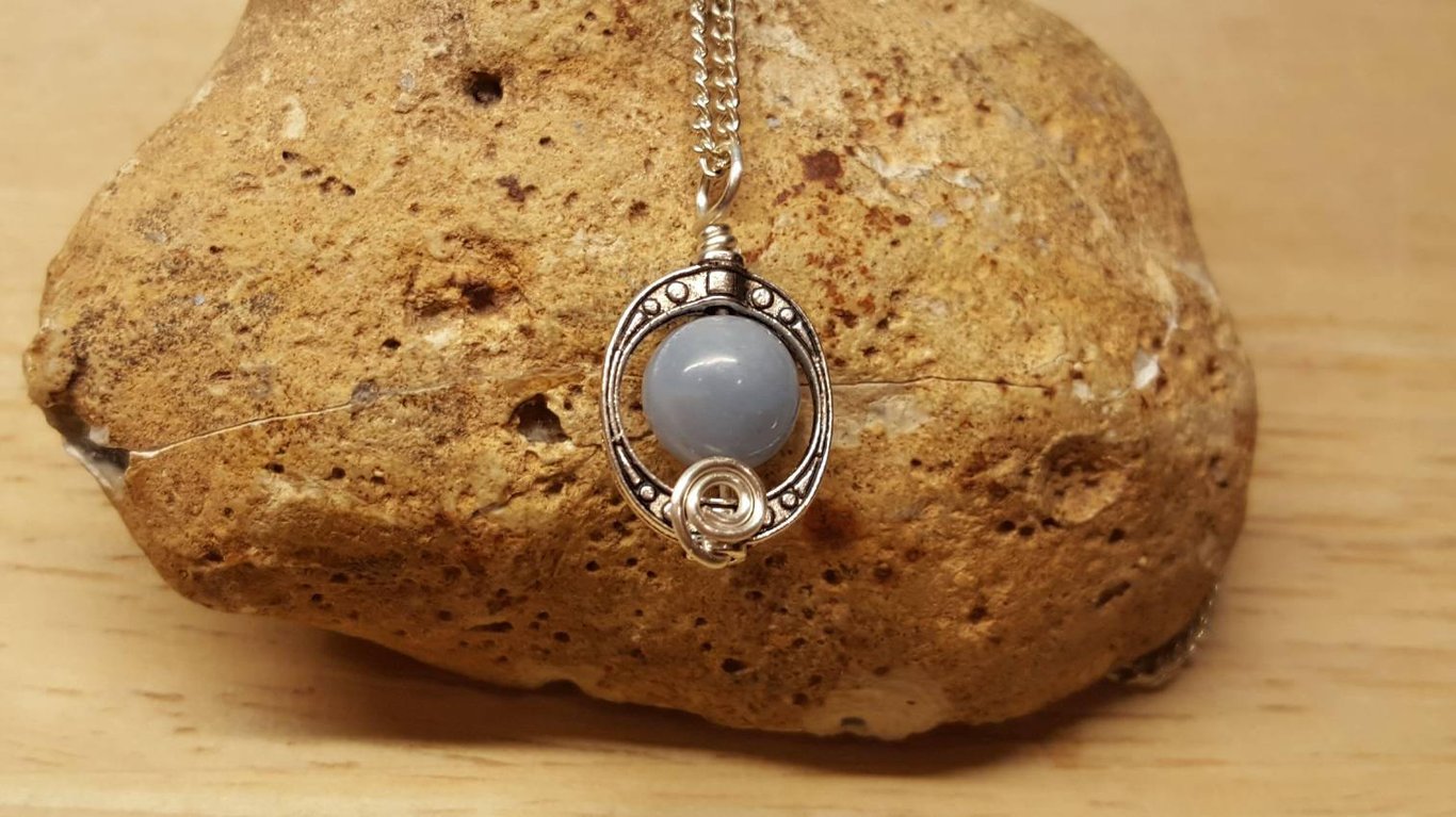 Blue Angelite pendant. Small Oval frame necklace.