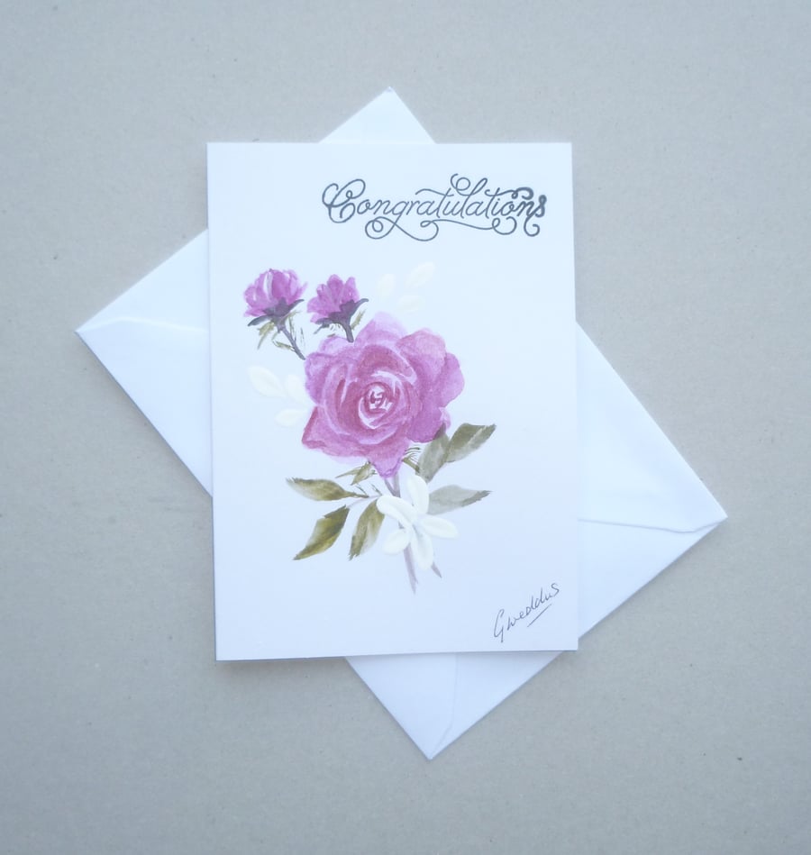 hand painted Congratulations Rose greetings card ( ref FA86 B4 )