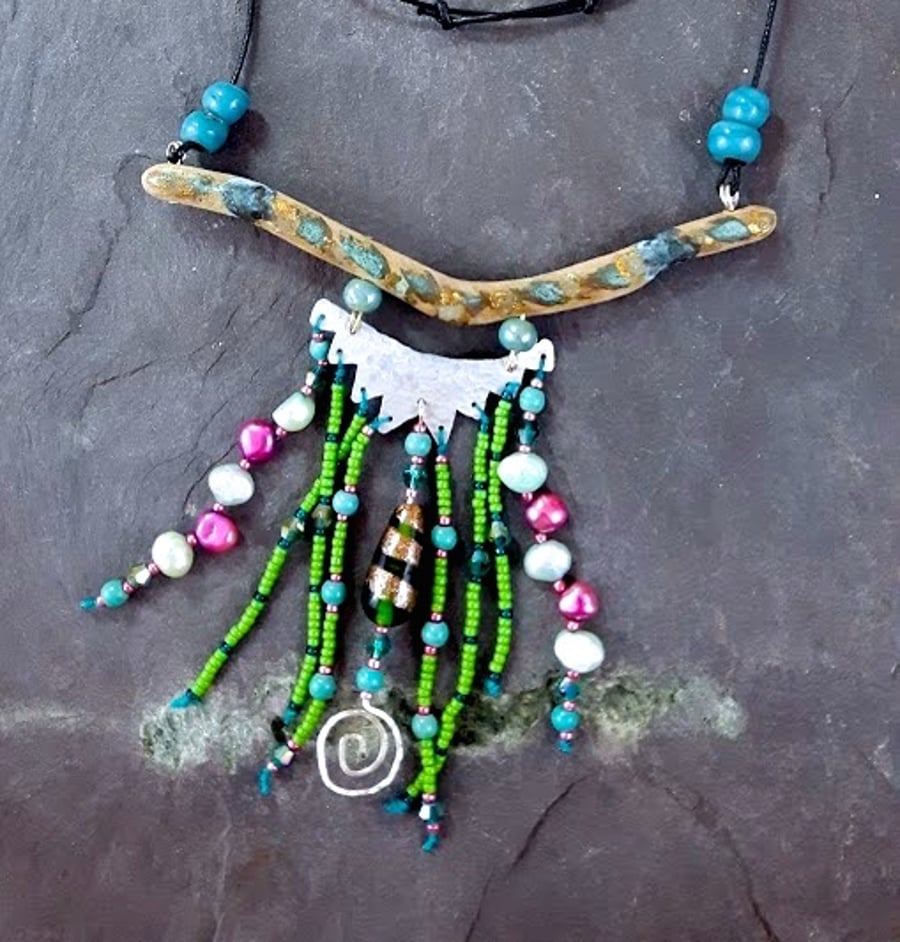 Driftwood and bead necklace.