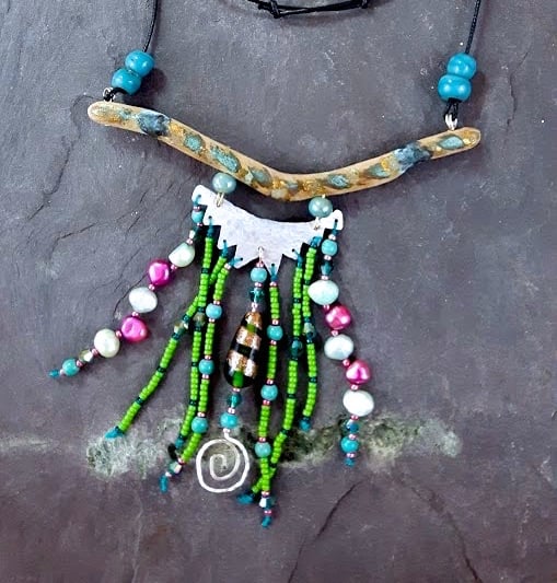 Driftwood and bead necklace.