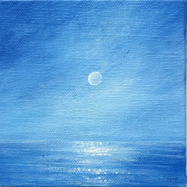 Original miniature painting of the moon reflecting in the sea coastal small art