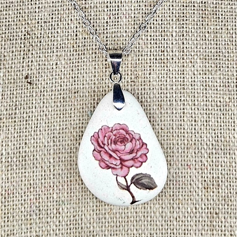 Sterling Silver Rose Sea Pottery Necklace - Coastal Floral Jewellery