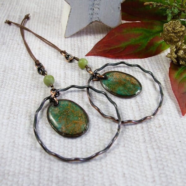 Hanging Decorations,  Copper and Green Marbled Clay with Jade Gemstone