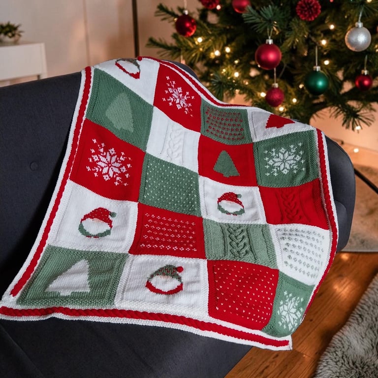Hand Knitted Christmas Blanket with Red Tartan Fleece Backing