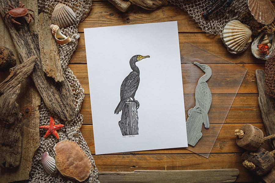 Cormorant on post print 15x11"