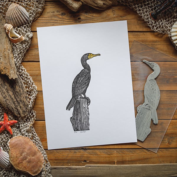 Cormorant on post print 15x11"