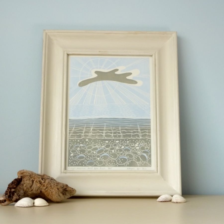 Original lino print "A Single Cloud at Danes Dyke Beach"