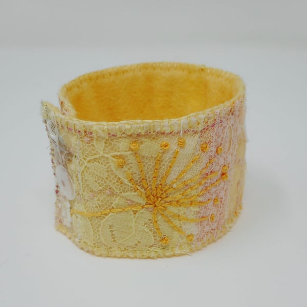 Textile jewellery - hand embroidered fabric cuff in lace and silk