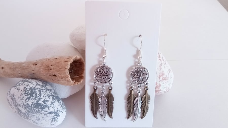 Silver and Bronze Dreamcatcher Flower and Feather Earring