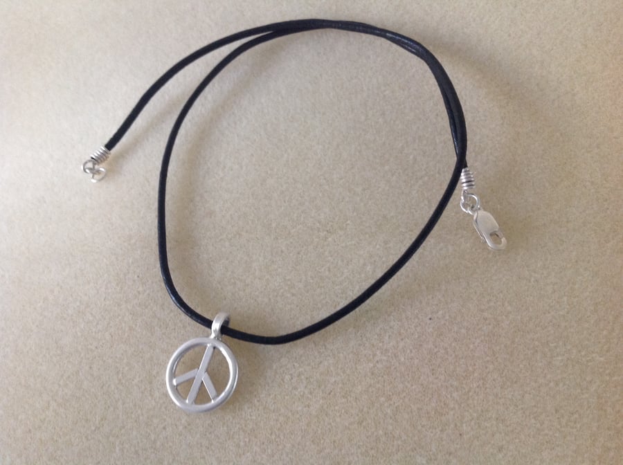 Sterling silver and leather unisex peace pendant necklace