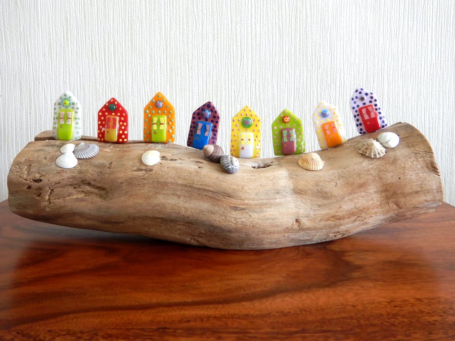 Handmade Fused Glass 'Beach Huts' ornament.