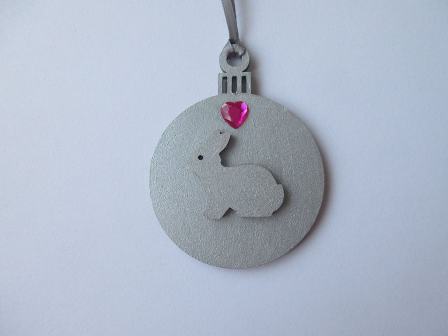 Silver Bunny Rabbit Christmas Tree Decoration Baubles Pink Heart Valentine 