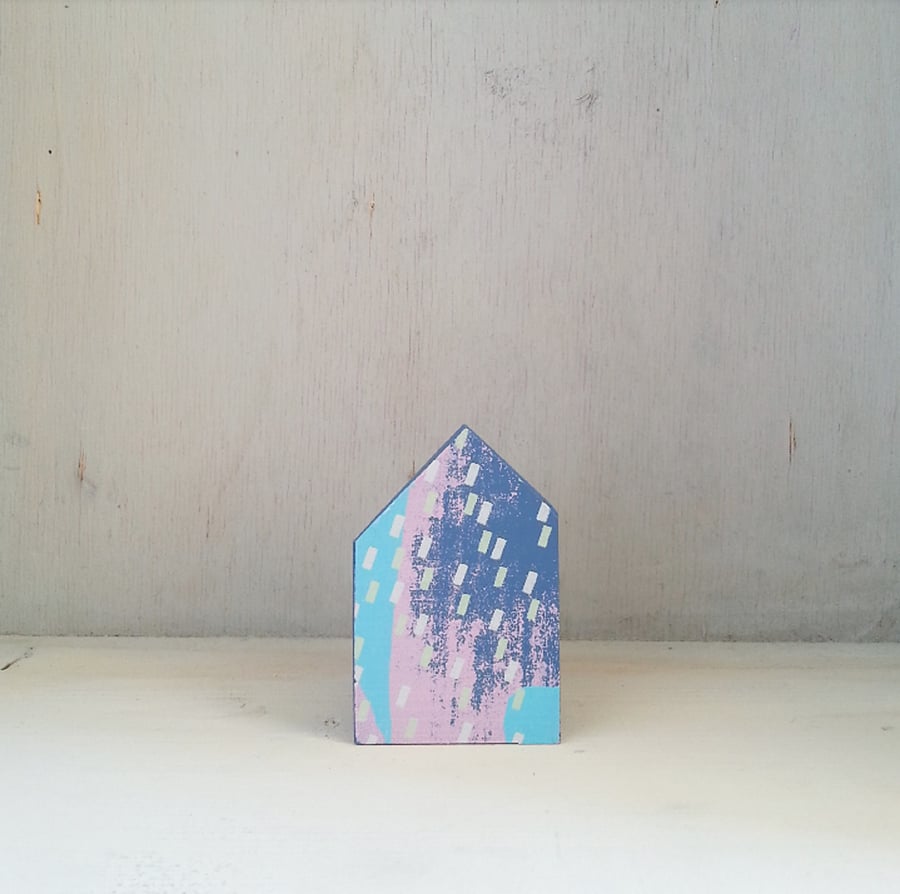 Miniature Wooden House, Little Blue House, House Ornament, Housewarming Gift