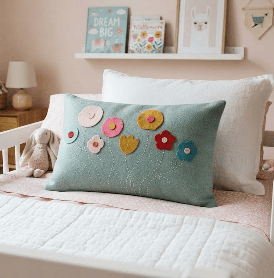 Handmade Felt Wildflower Cushion - Floral Scatter Pillow - Nursery Decor