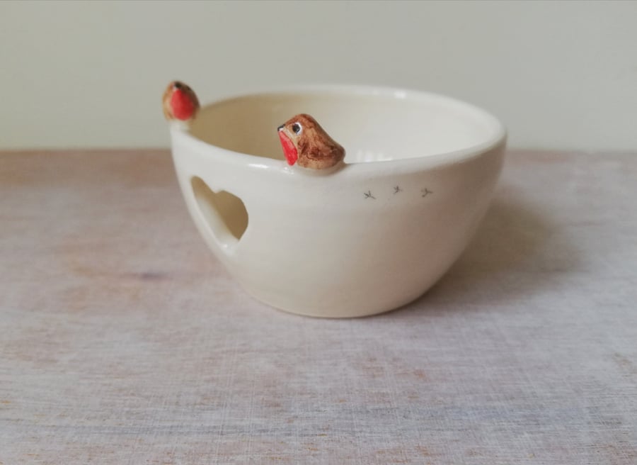 Ceramic tealight wth 2 Christmas robins, heart & birdprints candle holder gift