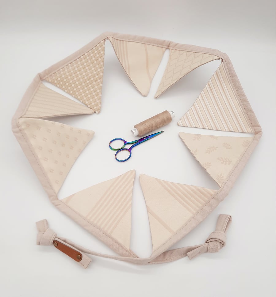 Cream and taupe mini bunting, 9 triangles,  80" length.  