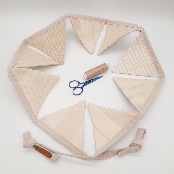 Cream and taupe mini bunting, 9 triangles,  80" length.  
