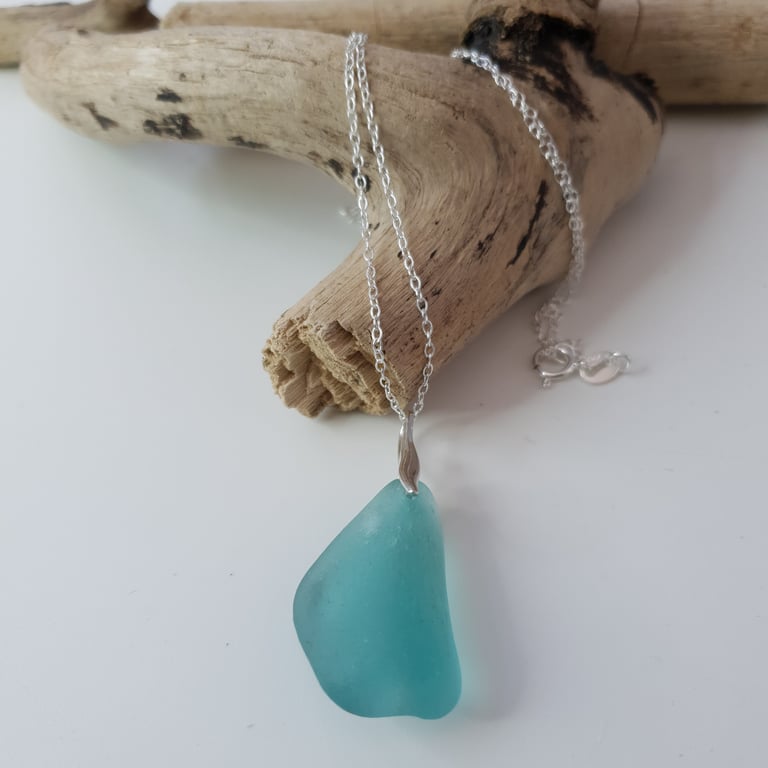 Aqua Sea Glass Pendant Necklace  18 Inch Sterling Silver Chain Free UK PP