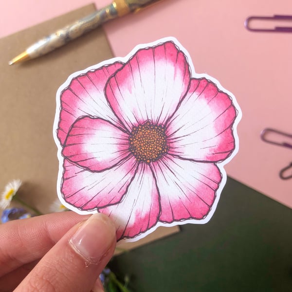 Pink Cosmo Floral, Botanical Sticker Watercolour Summer Flowers Handmade Sticker